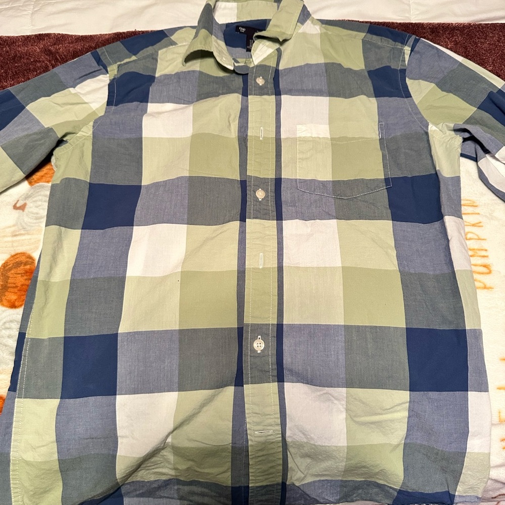 GAP Men's Navy and Olive Plaid Shirt